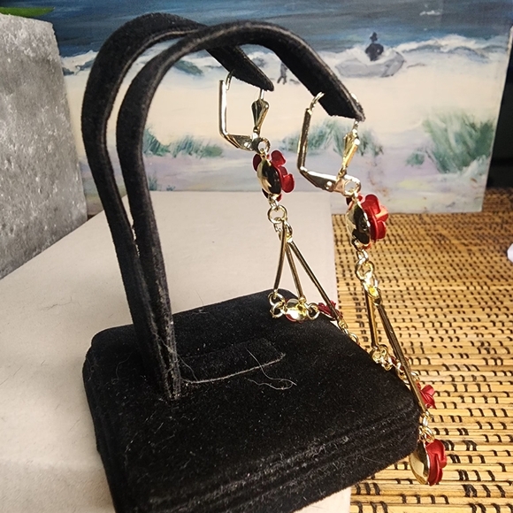 Gold with Red Rose Flowers Dangle Earrings - Picture 5 of 7